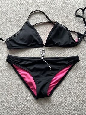 Black Bikini Set with Hot Pink Lining - Classic Triangle Top & Low-Rise Bottoms